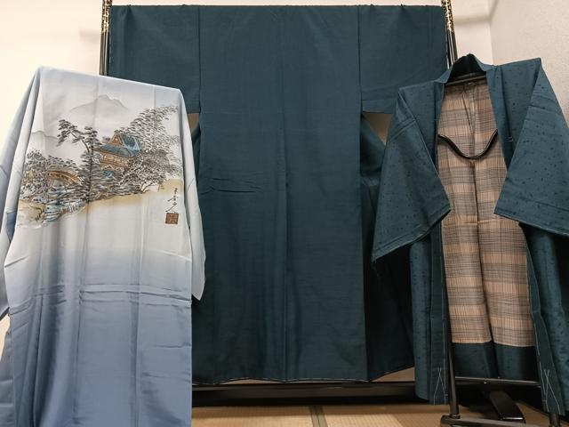 平和屋着物●男性　紬　アンサンブル　長襦袢(袷)セット　色無地　鉄納戸色　正絹　逸品　未使用　AABD9364ck 平和屋着物○男性 紬 アンサンブル 長襦袢(袷)セット 色無地 高麗納戸