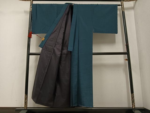 平和屋着物●男性　紬　アンサンブル　長襦袢(袷)セット　色無地　高麗納戸色　正絹　逸品　AABF0008ph