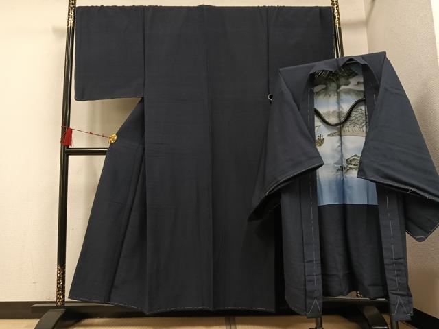 平和屋着物●男性　紬　アンサンブル　色無地　藍鉄色　正絹　逸品　未使用　AABF0009ph