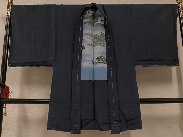 平和屋着物●男性　紬　アンサンブル　色無地　藍鉄色　正絹　逸品　未使用　AABF0009ph