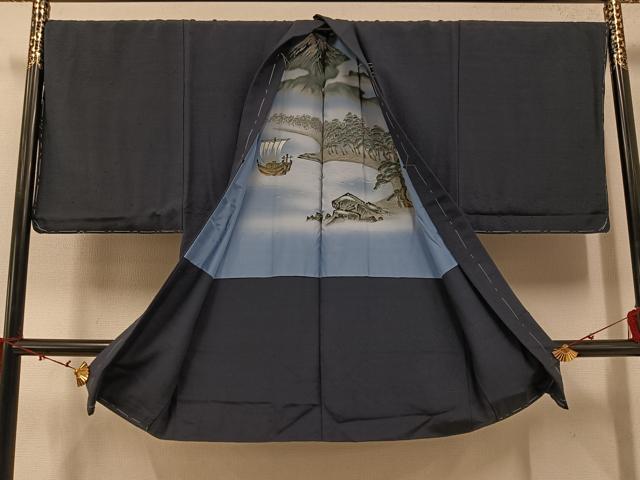 平和屋着物●男性　紬　アンサンブル　色無地　藍鉄色　正絹　逸品　未使用　AABF0009ph