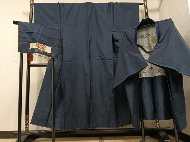 平和屋着物●男性　本場大島紬　アンサンブル　格子文　久野織物特製　証紙付き　正絹　逸品　DAAY5962ud 本場大島紬 アンサンブル 平和屋着物○男性 幾何学文 吉祥文 証紙付き 平和