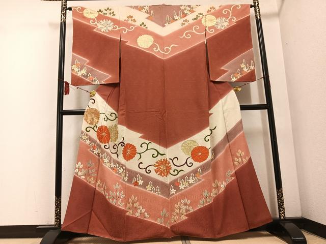 平和屋着物●訪問着　駒刺繍　花唐草文　暈し染め　金彩　正絹　逸品　AABF0025ph