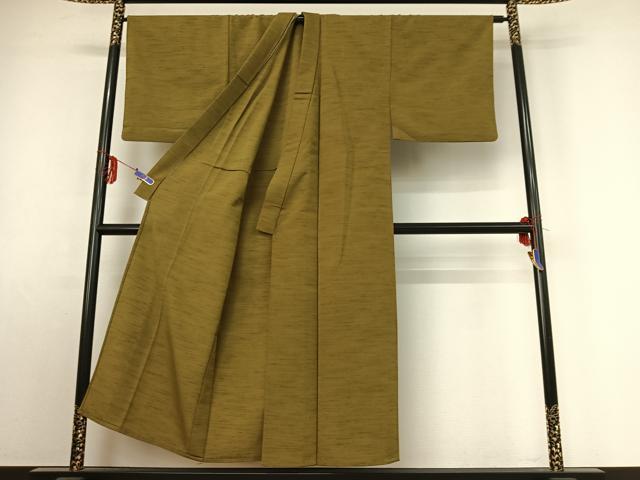 平和屋着物▽男性 紬 単衣 草色 正絹 逸品 AABF0082jh