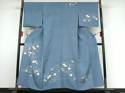 平和屋着物▽訪問着 単衣 駒刺繍 流水花文 金銀彩 正絹 逸品 AABF0091jh