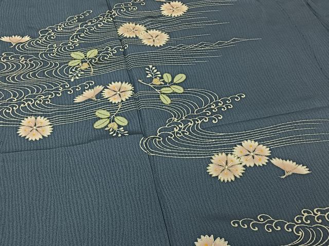 平和屋着物▽訪問着 単衣 駒刺繍 流水花文 金銀彩 正絹 逸品 AABF0091jh