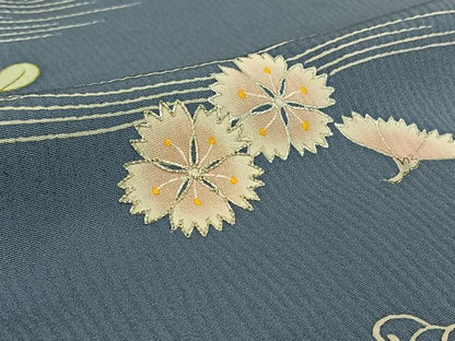 平和屋着物▽訪問着 単衣 駒刺繍 流水花文 金銀彩 正絹 逸品 AABF0091jh