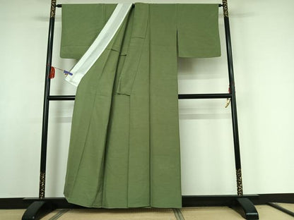 平和屋着物▽上質な紬 単衣 柳染色 正絹 逸品 AABF0095jh