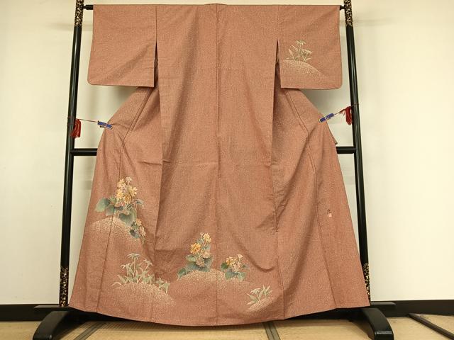 平和屋着物▽訪問着　単衣　紬地　作家物　草花文　金彩　正絹　逸品　AABF0097jh