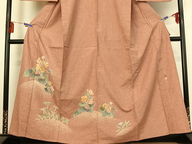 平和屋着物▽訪問着　単衣　紬地　作家物　草花文　金彩　正絹　逸品　AABF0097jh