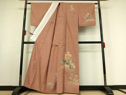 平和屋着物▽訪問着　単衣　紬地　作家物　草花文　金彩　正絹　逸品　AABF0097jh