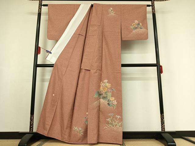 平和屋着物▽訪問着　単衣　紬地　作家物　草花文　金彩　正絹　逸品　AABF0097jh