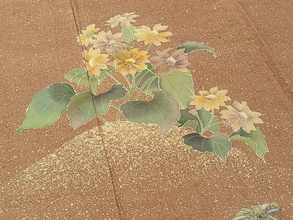 平和屋着物▽訪問着　単衣　紬地　作家物　草花文　金彩　正絹　逸品　AABF0097jh
