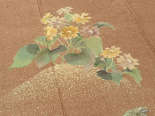 平和屋着物▽訪問着　単衣　紬地　作家物　草花文　金彩　正絹　逸品　AABF0097jh