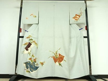 平和屋着物▽極上　銀座　志ま亀　訪問着　単衣　駒刺繍　枝葉文　冊子　金銀彩　金銀糸　正絹　逸品　AABF0102jh