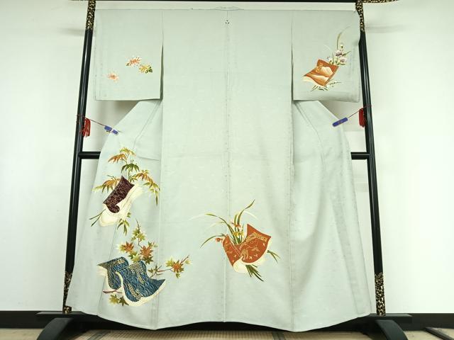 平和屋着物▽極上　銀座　志ま亀　訪問着　単衣　駒刺繍　枝葉文　冊子　金銀彩　金銀糸　正絹　逸品　AABF0102jh