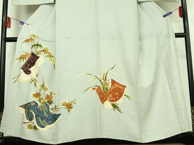 平和屋着物▽極上　銀座　志ま亀　訪問着　単衣　駒刺繍　枝葉文　冊子　金銀彩　金銀糸　正絹　逸品　AABF0102jh