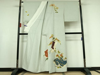 平和屋着物▽極上　銀座　志ま亀　訪問着　単衣　駒刺繍　枝葉文　冊子　金銀彩　金銀糸　正絹　逸品　AABF0102jh