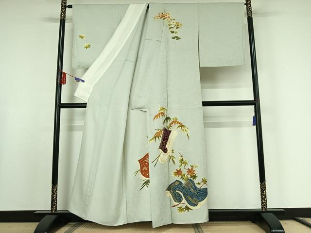 平和屋着物▽極上　銀座　志ま亀　訪問着　単衣　駒刺繍　枝葉文　冊子　金銀彩　金銀糸　正絹　逸品　AABF0102jh