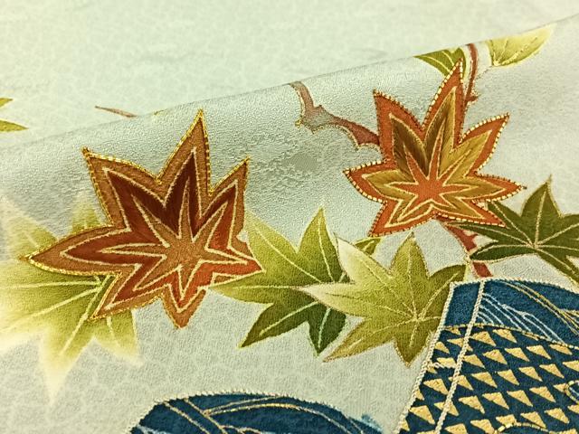平和屋着物▽極上　銀座　志ま亀　訪問着　単衣　駒刺繍　枝葉文　冊子　金銀彩　金銀糸　正絹　逸品　AABF0102jh
