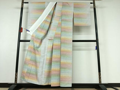 平和屋着物▽紅花紬 単衣 米沢 横段文 正絹 逸品 AABF0107jh