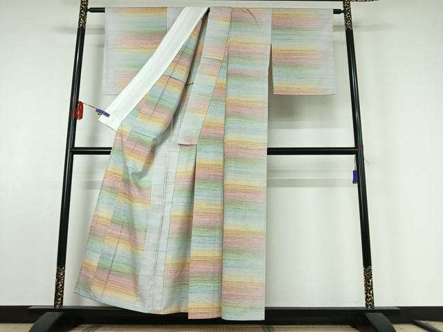 平和屋着物▽紅花紬 単衣 米沢 横段文 正絹 逸品 AABF0107jh
