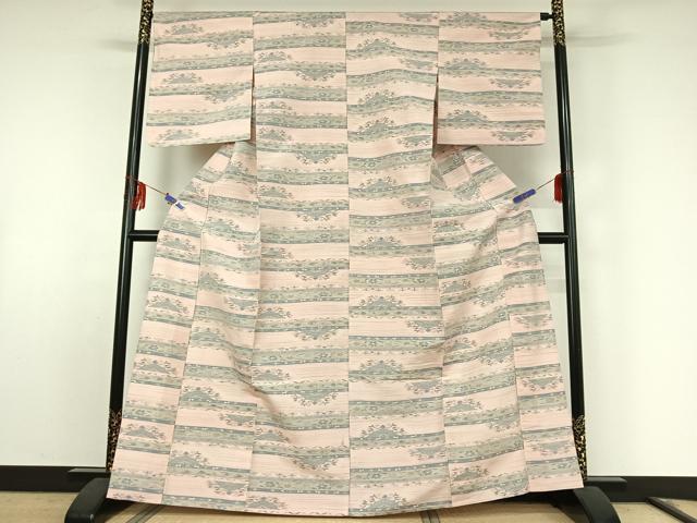 平和屋着物▽上質な紬　単衣　横段花文　正絹　逸品　AABF0110jh 平和屋着物▽上質な紬 単衣 横段花文 正絹 逸品 AABF0110jh
