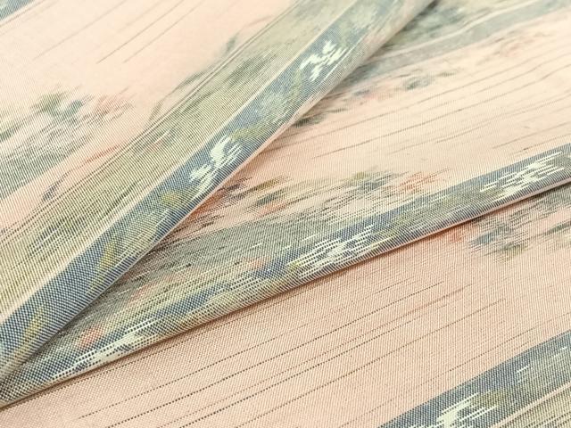平和屋着物▽上質な紬 単衣 横段花文 正絹 逸品 AABF0110jh