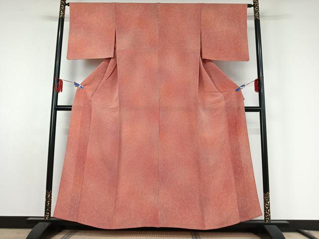 平和屋着物▽上質な小紋　単衣　花唐草文　暈し染め　鬼しぼ縮緬　正絹　逸品　AABF0112jh