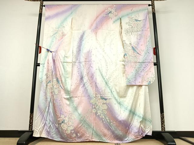 平和屋着物▽豪華振袖　単衣　花鳥文　暈し染め　金銀彩　正絹　逸品　AABF0115jh
