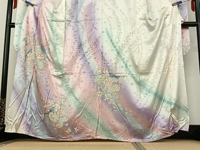 平和屋着物▽豪華振袖　単衣　花鳥文　暈し染め　金銀彩　正絹　逸品　AABF0115jh