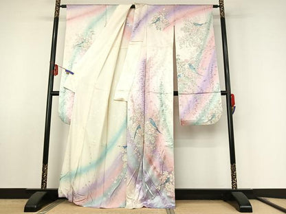 平和屋着物▽豪華振袖　単衣　花鳥文　暈し染め　金銀彩　正絹　逸品　AABF0115jh