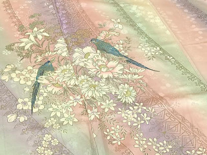 平和屋着物▽豪華振袖　単衣　花鳥文　暈し染め　金銀彩　正絹　逸品　AABF0115jh