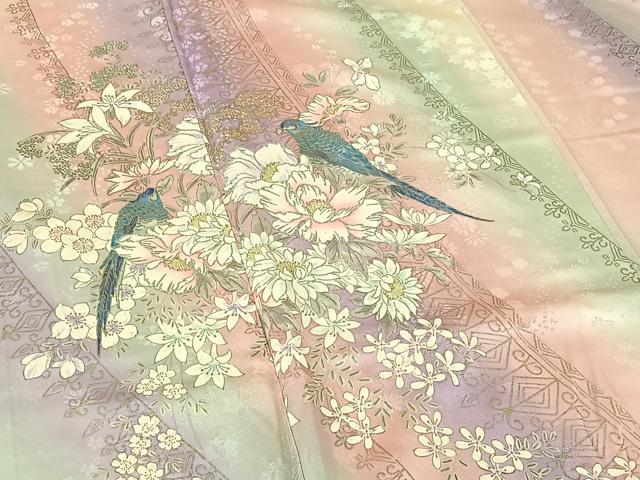 平和屋着物▽豪華振袖　単衣　花鳥文　暈し染め　金銀彩　正絹　逸品　AABF0115jh