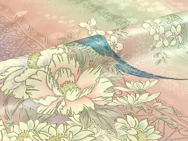 平和屋着物▽豪華振袖　単衣　花鳥文　暈し染め　金銀彩　正絹　逸品　AABF0115jh