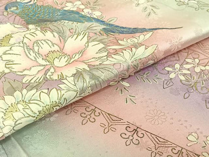 平和屋着物▽豪華振袖　単衣　花鳥文　暈し染め　金銀彩　正絹　逸品　AABF0115jh