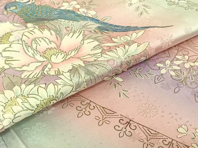 平和屋着物▽豪華振袖　単衣　花鳥文　暈し染め　金銀彩　正絹　逸品　AABF0115jh