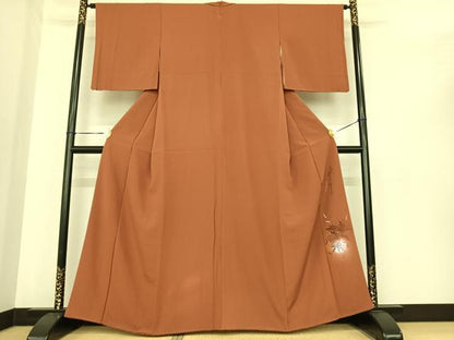 平和屋着物●二代目清次郎　手描き　色無地　赤茶色　正絹　逸品　AABF0205fy