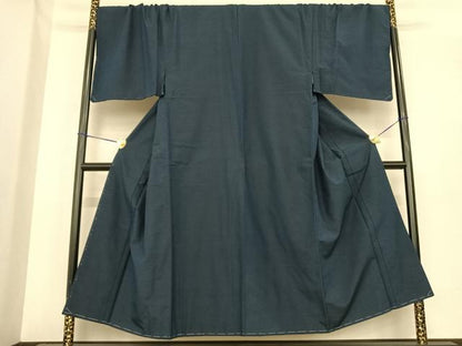 平和屋着物●男性　紬　色無地　青藍色　キングサイズ　正絹　逸品　AABF0216fy