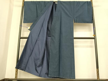 平和屋着物●男性　紬　色無地　青藍色　キングサイズ　正絹　逸品　AABF0216fy