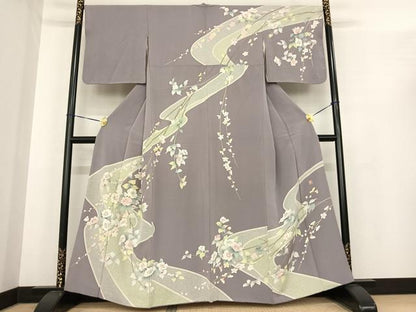 平和屋着物●友禅作家　岡部修治　訪問着　枝花文　暈し染め　金銀彩　ロング丈　正絹　逸品　AABF0231fy