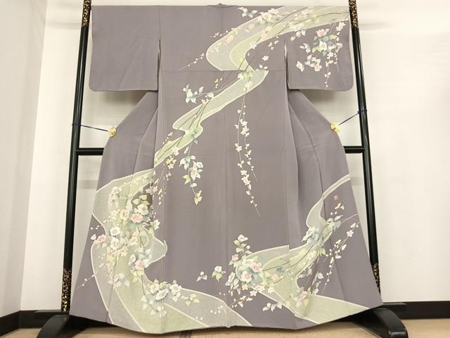平和屋着物●友禅作家　岡部修治　訪問着　枝花文　暈し染め　金銀彩　ロング丈　正絹　逸品　AABF0231fy