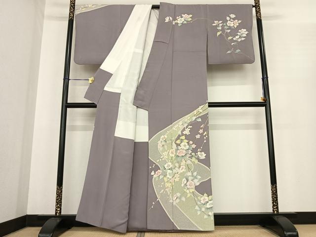 平和屋着物●友禅作家　岡部修治　訪問着　枝花文　暈し染め　金銀彩　ロング丈　正絹　逸品　AABF0231fy