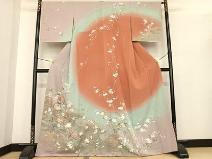 平和屋着物●訪問着　友禅　枝花文　暈し染め　金銀彩　ロング丈　正絹　逸品　未使用　AABF0232fy