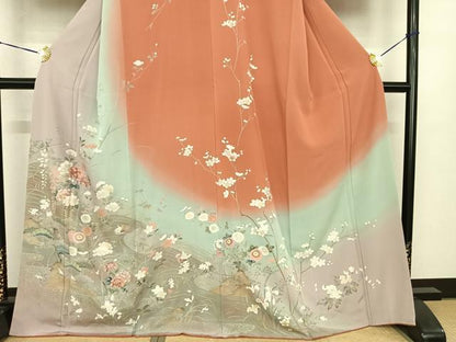 平和屋着物●訪問着　友禅　枝花文　暈し染め　金銀彩　ロング丈　正絹　逸品　未使用　AABF0232fy