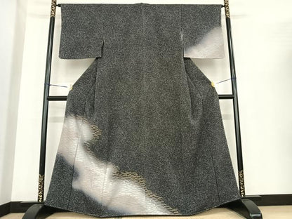 平和屋着物●訪問着　芝文　暈し染め　黒地　金彩　正絹　逸品　未使用　AABF0242fy
