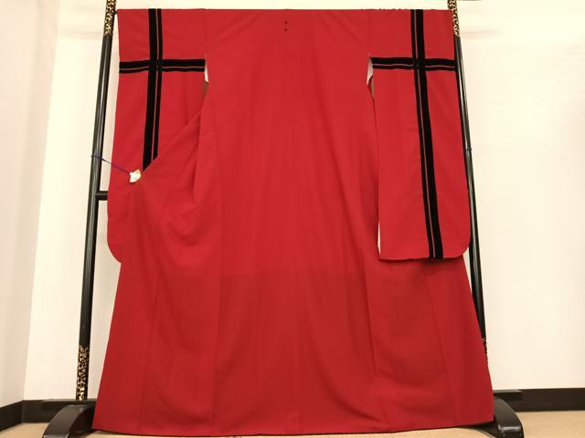 平和屋着物●ふりふ　振袖　格子　茜色　洗える着物　AABF0254fy