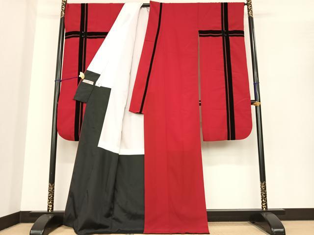 平和屋着物●ふりふ　振袖　格子　茜色　洗える着物　AABF0254fy