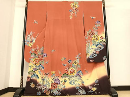 平和屋着物●豪華振袖 型染め 花鳥文 暈し染め 正絹 逸品 未使用 AABF0268fy