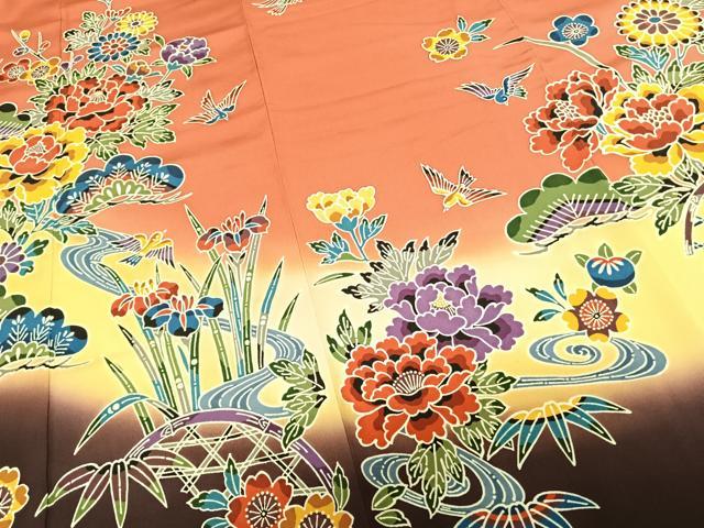平和屋着物●豪華振袖 型染め 花鳥文 暈し染め 正絹 逸品 未使用 AABF0268fy